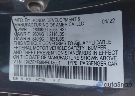 2022 Honda Insight Ex из США, поврежденный, VIN 19XZE4F58NE013001